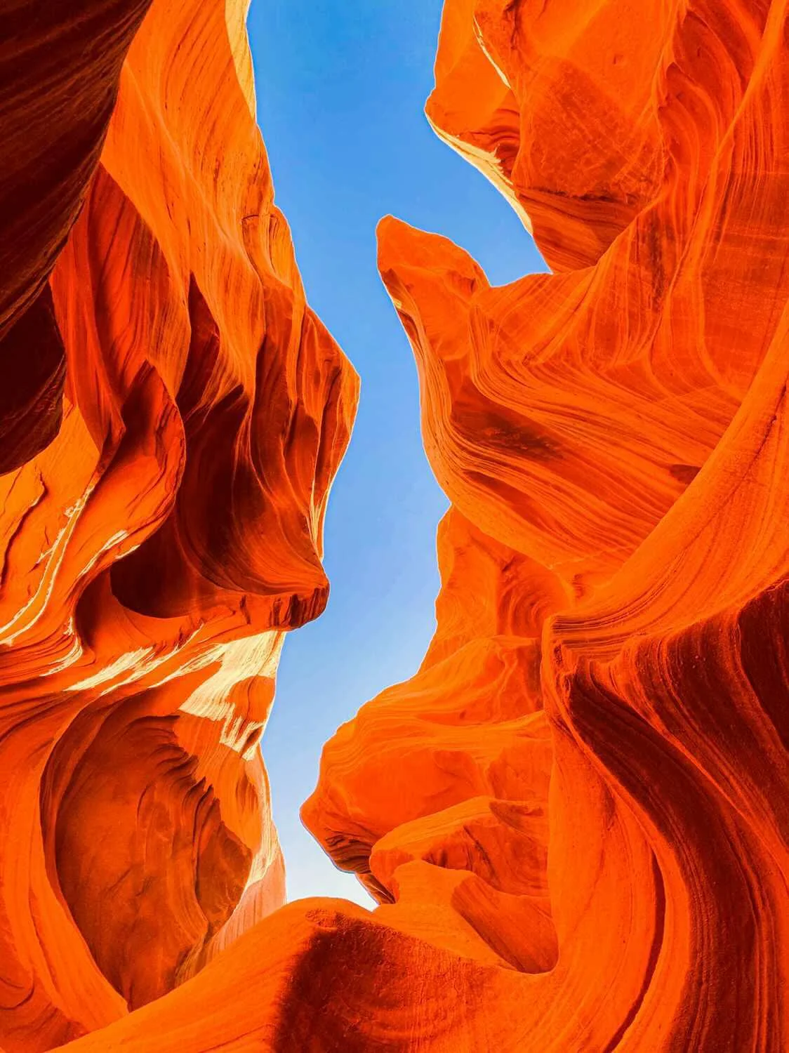 Looking up through sculpted sandstone curves to a sliver of blue sky in Antelope Canyon — Arizona fine art print