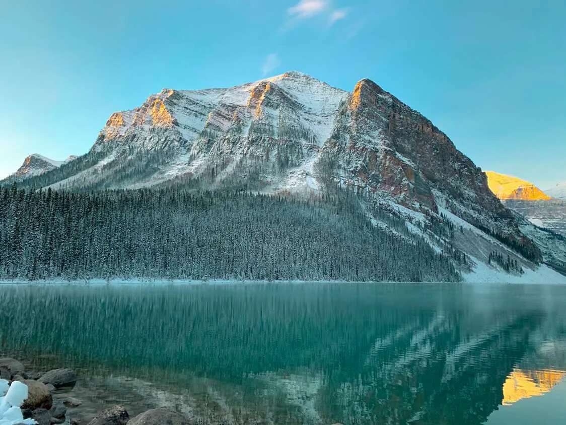 Fairview Mountain reflected in the turquoise water of Lake Louise at dawn — Alberta Canada fine art print