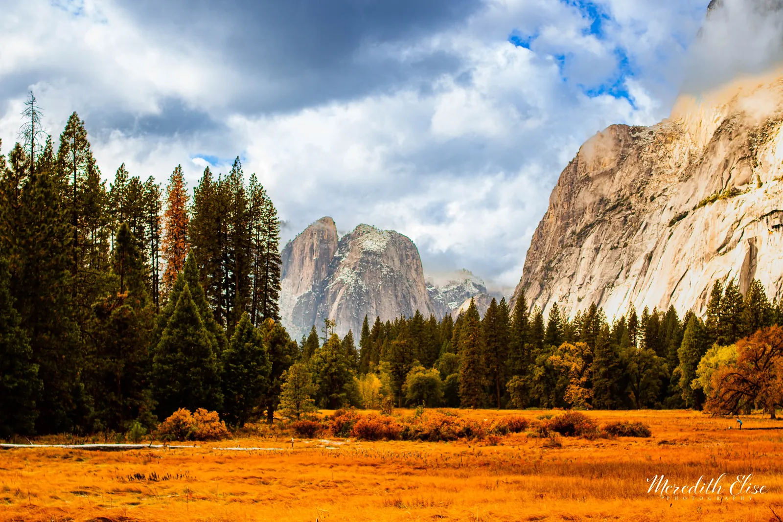 Yosemite Valley in golden autumn color with El Capitan rising through clouds — California fine art print