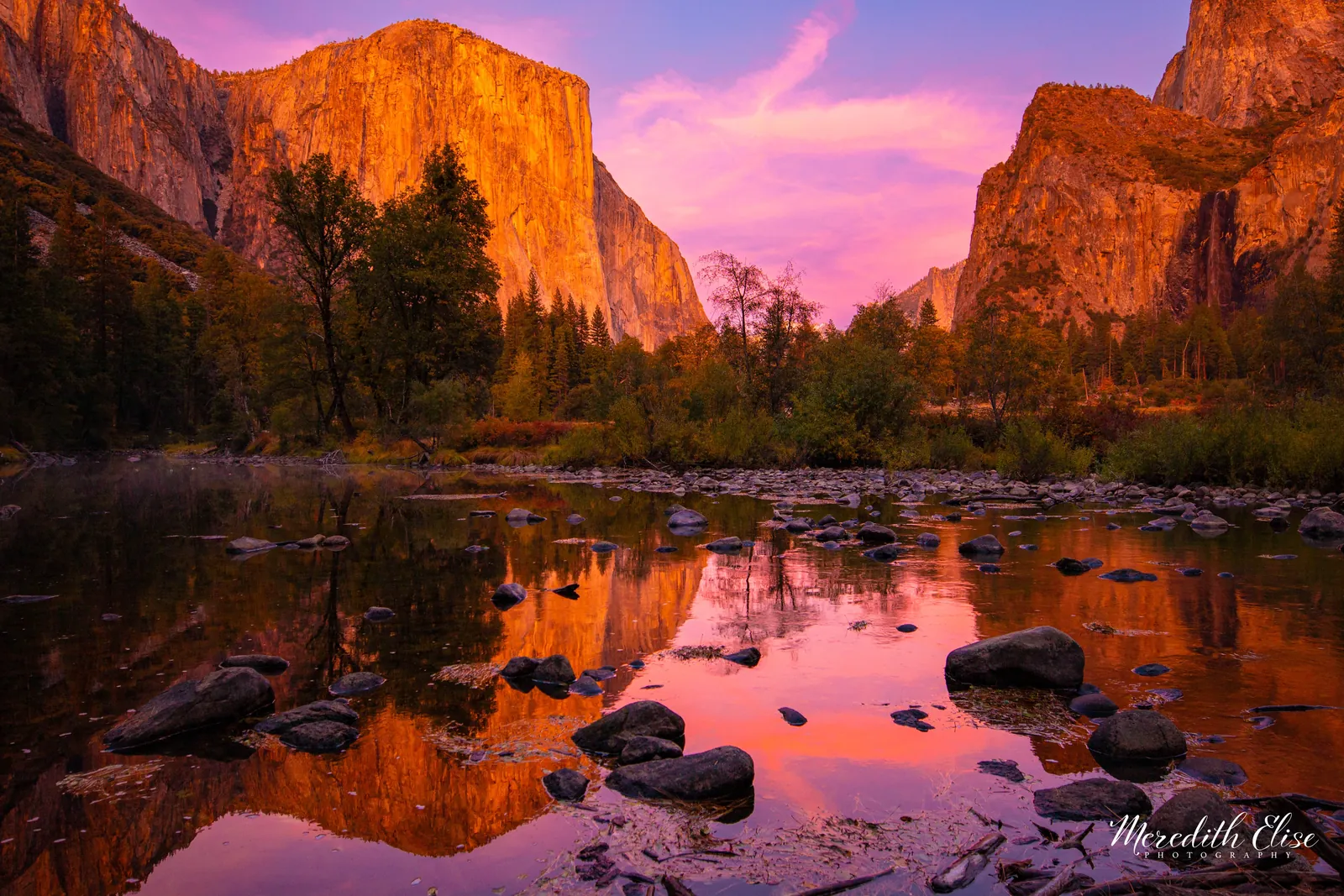 Valley View in Yosemite ablaze with pink and orange alpenglow at sunset — California fine art print